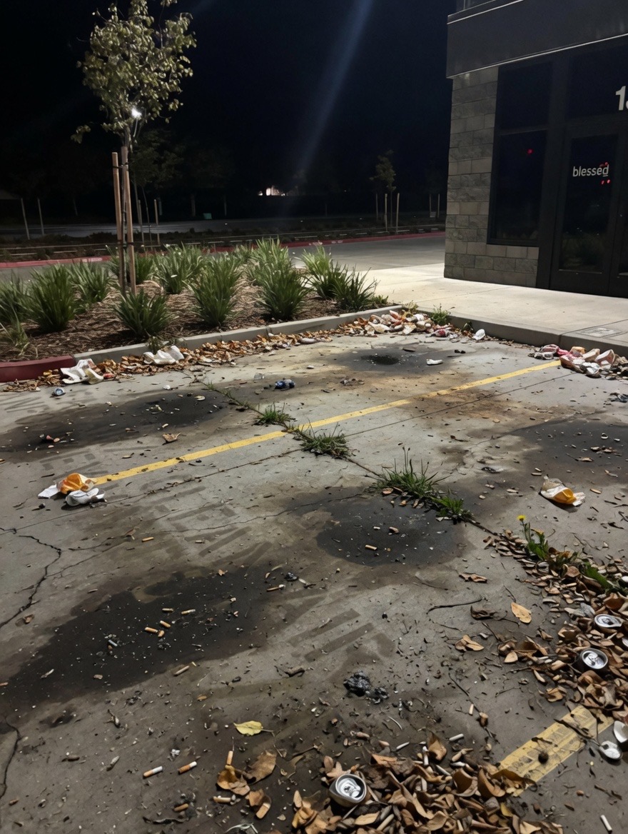 After — Commercial parking lot before and after hot-water pressure washing in Sacramento