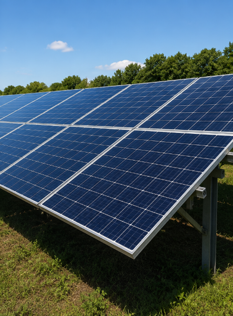 Commercial solar panel field before cleaning