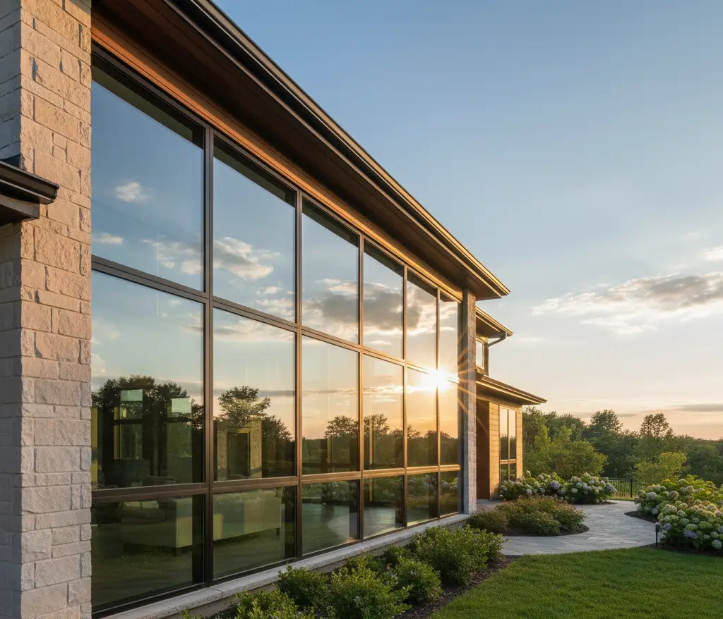 Sunset reflecting on spotless residential windows after Wash Works exterior cleaning service in Folsom, California, enhancing curb appeal and home value.