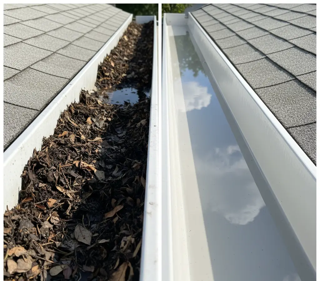 Gutter Cleaning Before and After in Citrus Heights - Professional Gutter Debris Removal Side-by-side view of residential gutters in Citrus Heights, showing a clogged gutter filled with wet leaves and debris on the left, and a freshly cleaned, debris-free gutter on the right with clear water and visible reflection of the sky.
