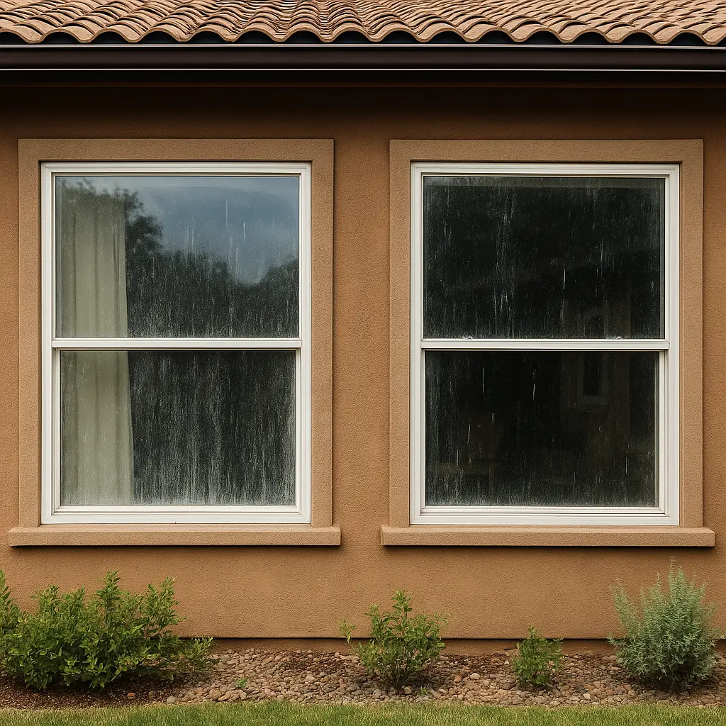 Exterior home windows in Folsom, California showing heavy hard water stains before professional cleaning by Wash Works.