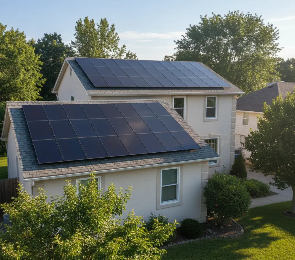 A two-story home in El Dorado Hills with clean, dark solar panels on both roof sections, surrounded by green trees and a well-maintained lawn, illustrating professional residential solar panel cleaning services.