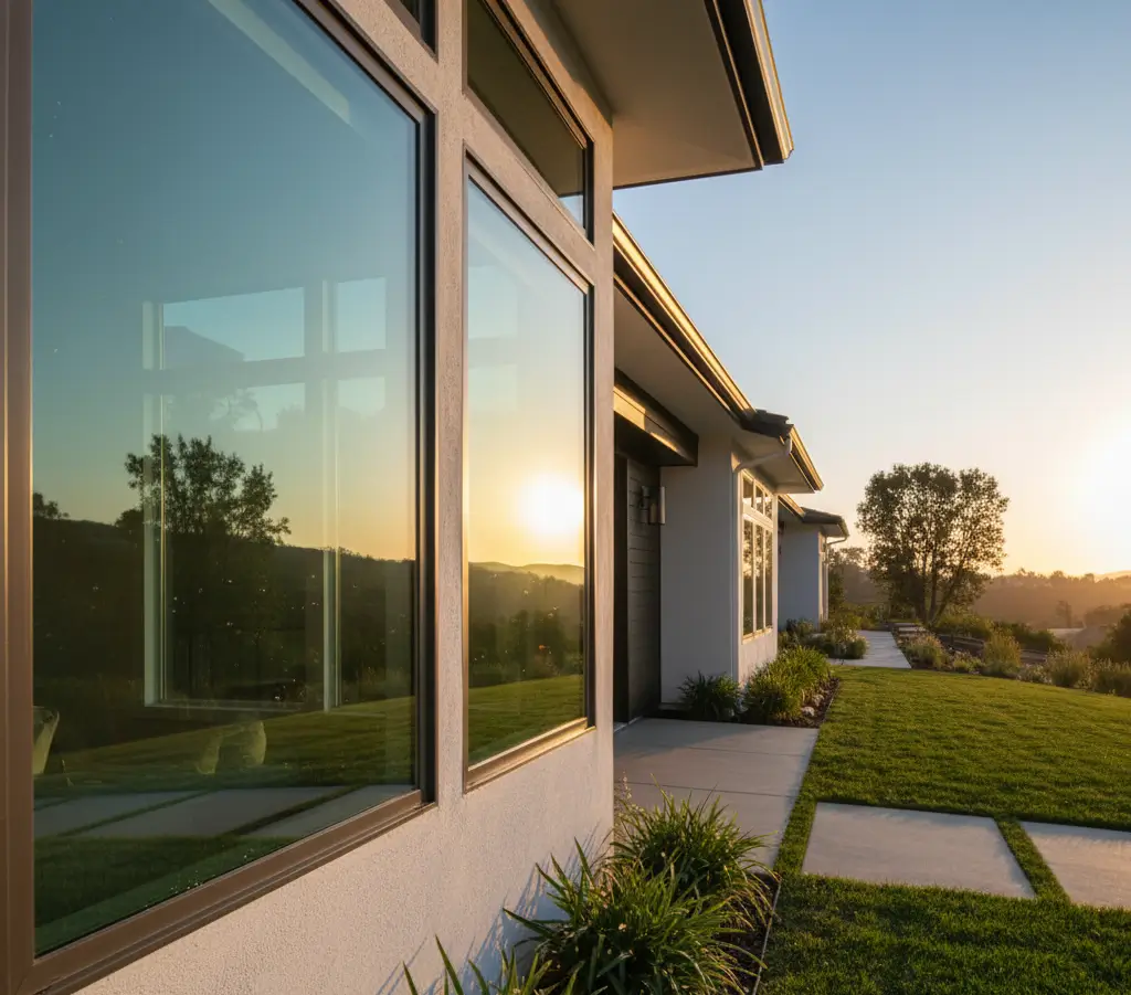 Exterior view of modern home in Roseville at sunset with spotless, reflective windows after professional residential window cleaning service by Wash Works LLC.