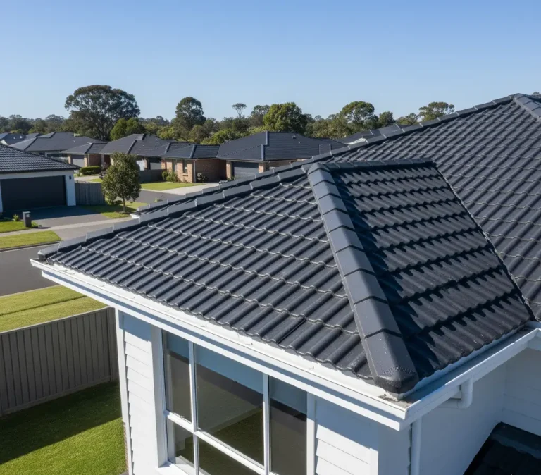 Clean black tiled residential roof in El Dorado Hills after professional pressure washing, with a clear blue sky and suburban neighborhood in the background.