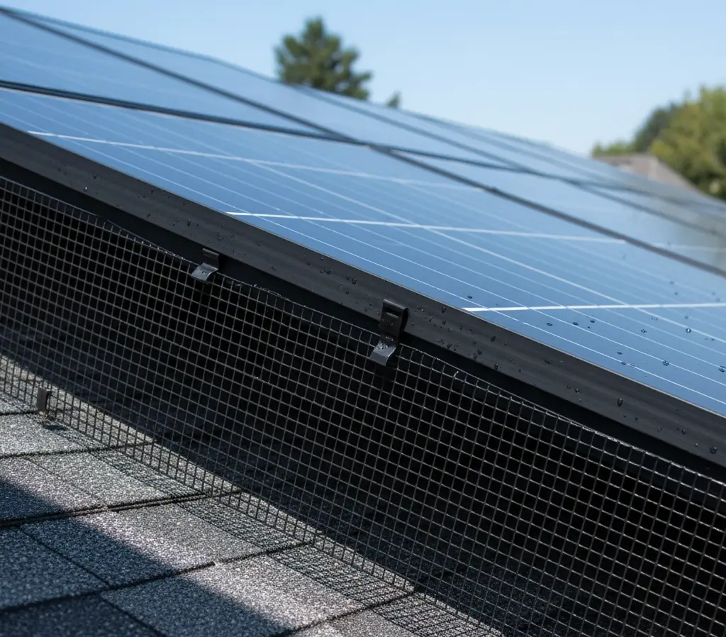 Rooftop Solar Panel Rodent Proofing in Roseville - Wash Works LLC | Wash Works Close-up view of a rooftop solar panel in Roseville with protective rodent-proofing mesh installed beneath, part of professional solar panel maintenance services.