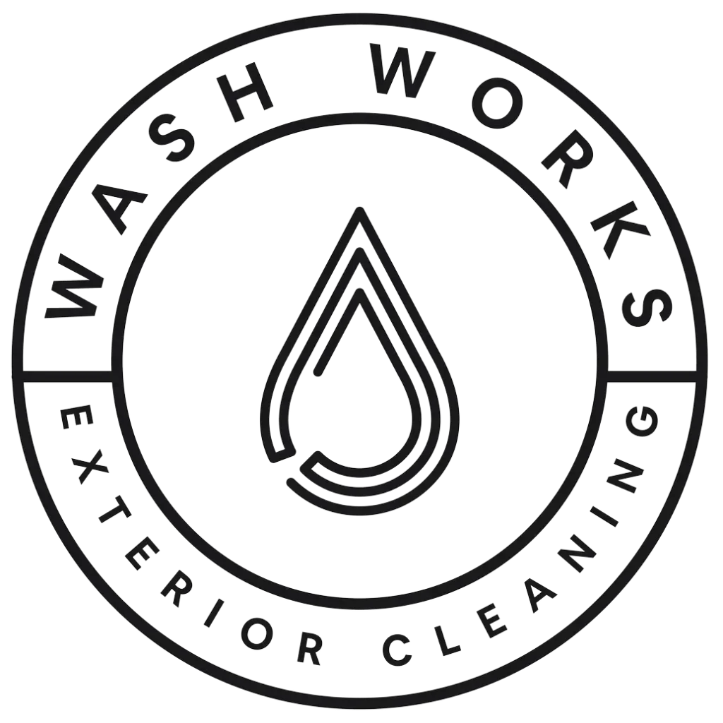 Wash Works Branded Black Circle Logo | Wash Works Circle Logo for Wash Works that reads "WASH WORKS" Over the top and "EXTERIOR CLEANING" arounfd the bottom. With a deco typ water drop in the middle. Color is Black