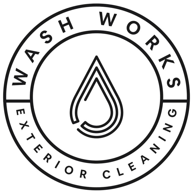 Wash Works Branded Black Circle Logo | Wash Works Circle Logo for Wash Works that reads "WASH WORKS" Over the top and "EXTERIOR CLEANING" arounfd the bottom. With a deco typ water drop in the middle. Color is Black