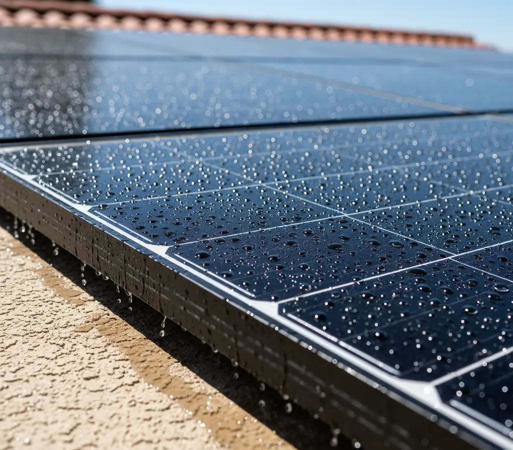 Close view of rooftop solar panels beading with rinse water under sunlight. Stucco roof edge visible.