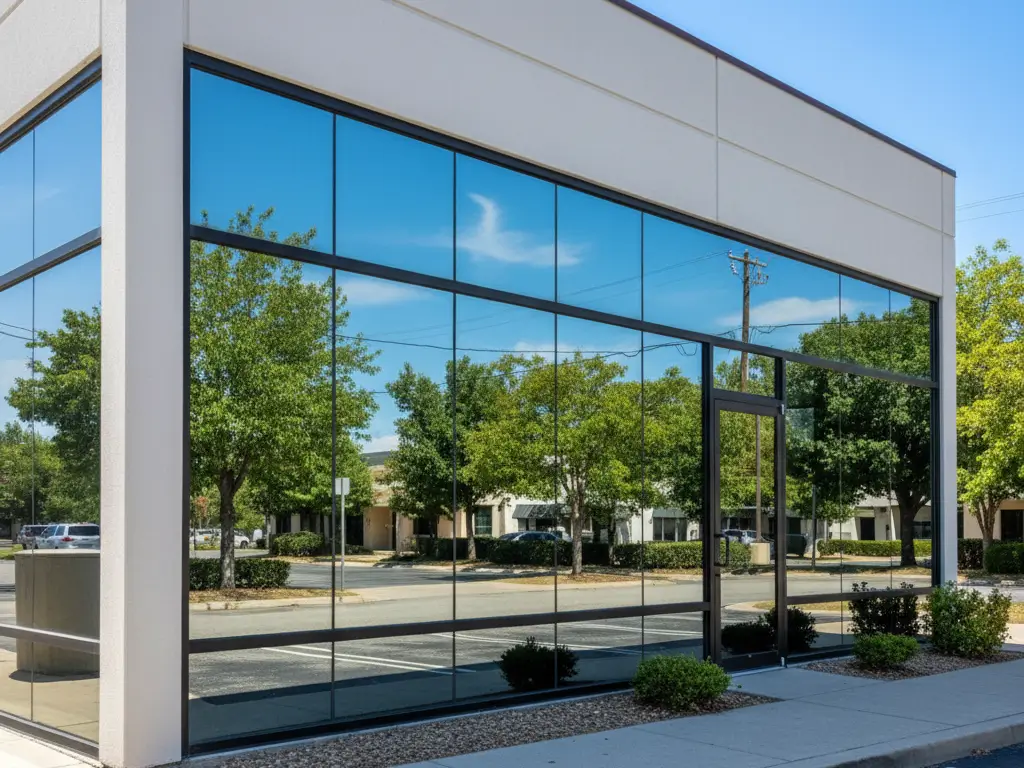 Small commercial office building with bright glass windows washed clean, reflections of trees and sunlight.