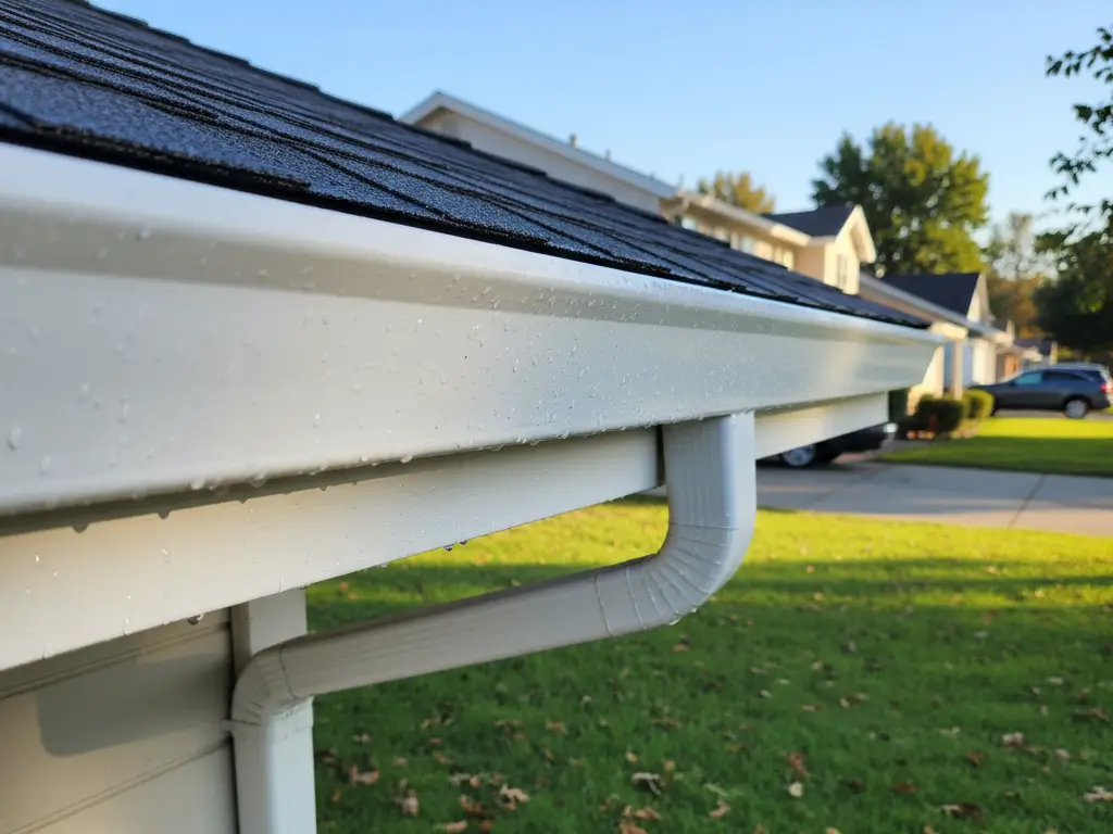 Suburban Citrus Heights home roof edge and gutters cleaned and damp. Reflections on paint trim, dry leaves on grass.