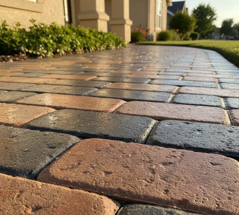 Driveway Cleaning and Pressure Washing in Roseville Close-up view of a freshly pressure washed brick driveway outside a residential home in Roseville, California, showing clean surface and evening sunlight.