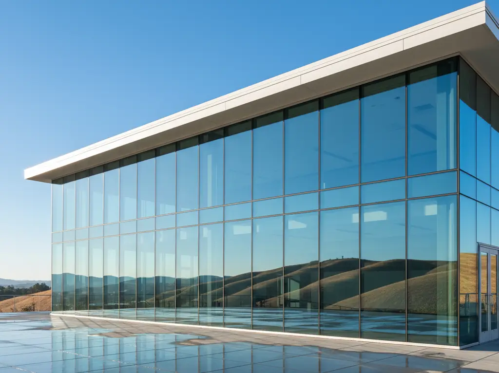 Modern El Dorado Hills office exterior with large glass windows clean and reflective, hills mirrored in background.