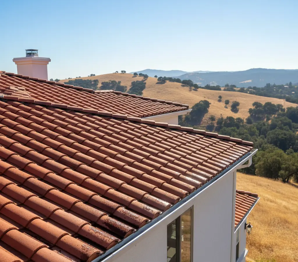 Hillside home with terracotta roof, clean gutters, and bright reflections under sunlight. Wet roofline contrasts dry backdrop.