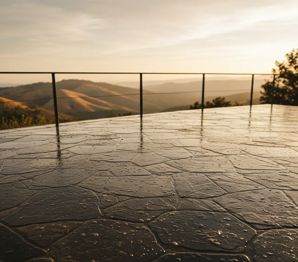 Stone patio freshly cleaned, moisture glistening on natural stone. Hillside view and warm afternoon light.