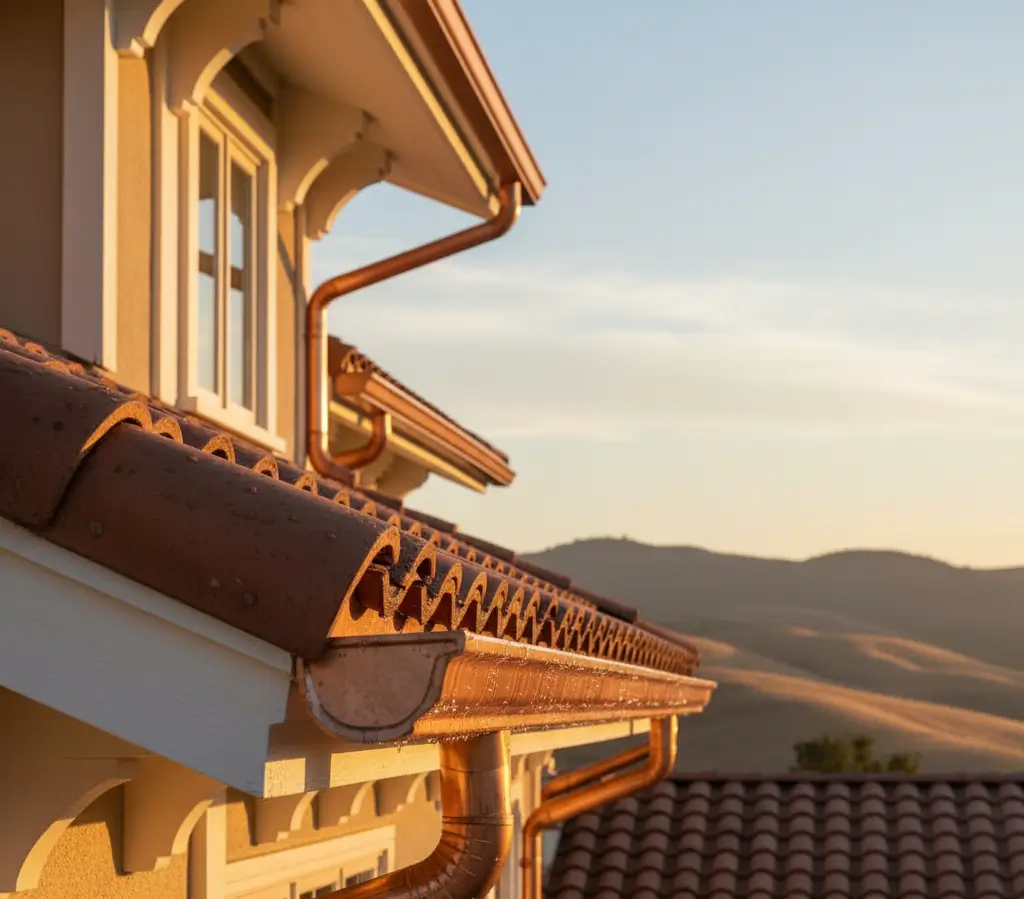 Granite Bay estate with detailed fascia and copper gutters recently washed. Light shimmer on metal, hills in distance.