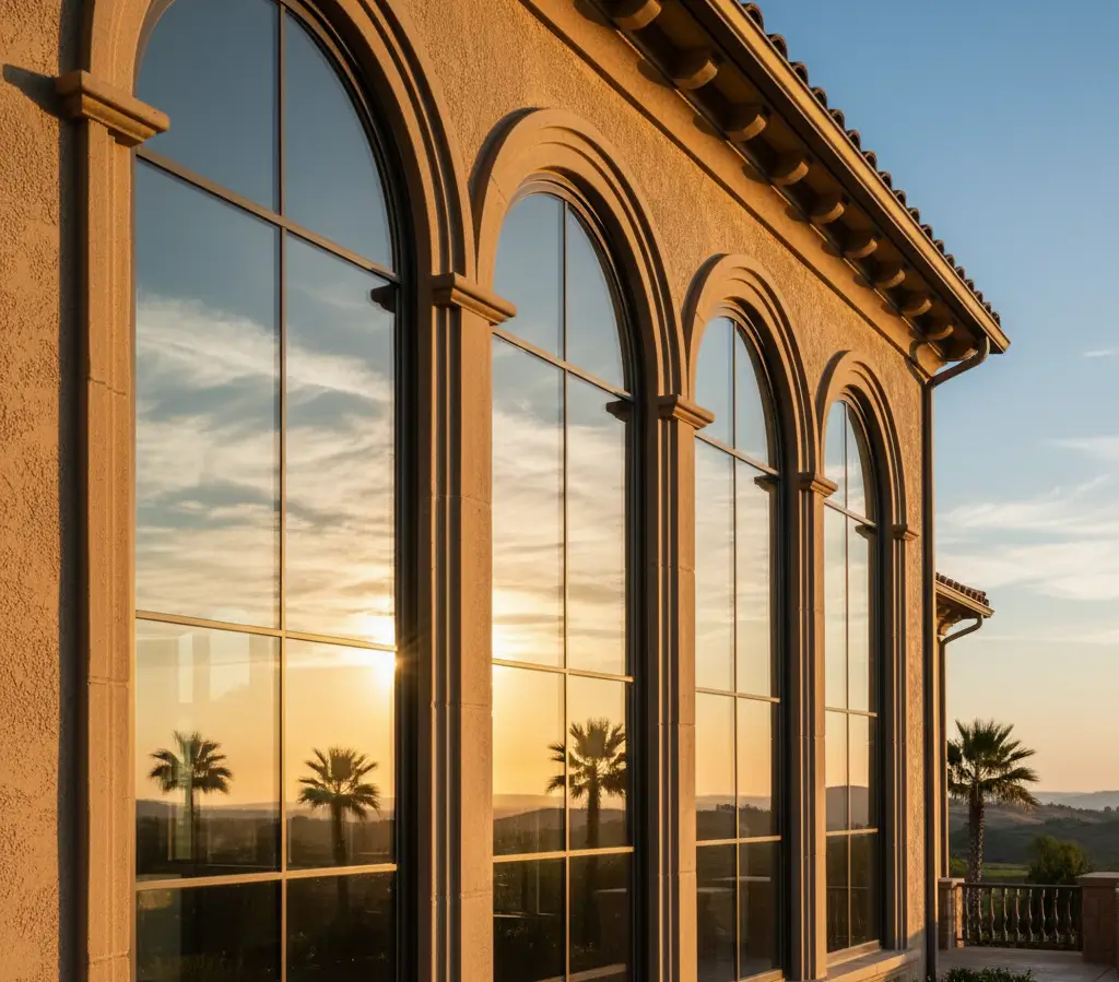 Granite Bay mansion with tall arched windows shining after rinse. Sunlight creates vivid reflections on glass and stone.