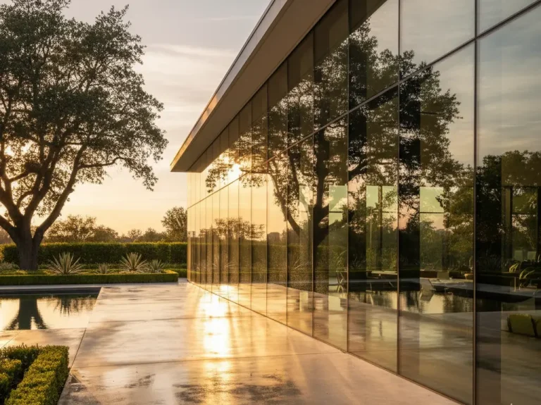 Granite Bay modern home with floor-to-ceiling glass panels shining under golden light. Garden reflected.