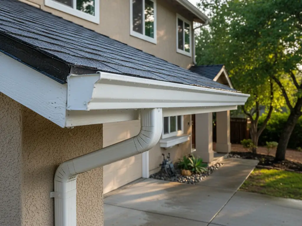 Photorealistic Folsom two-story home with clean aluminum gutters and downspouts. Wet fascia and roof edges glisten in sunlight. Subtle reflections on windows.