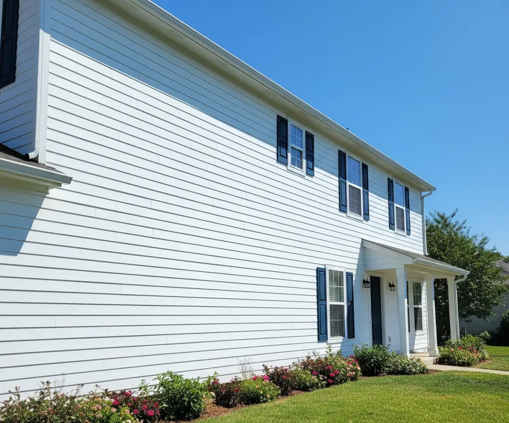 House Washing in Fair Oaks – Residential Pressure Cleaning Services Clean white two-story house with blue shutters and a manicured lawn in Fair Oaks after professional house washing pressure cleaning service.