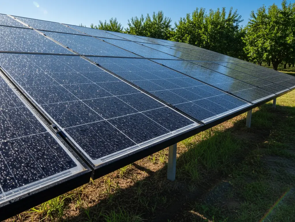 Field-mounted solar array near orchard cleaned and reflective. Water droplets visible on panels, bright blue sky.