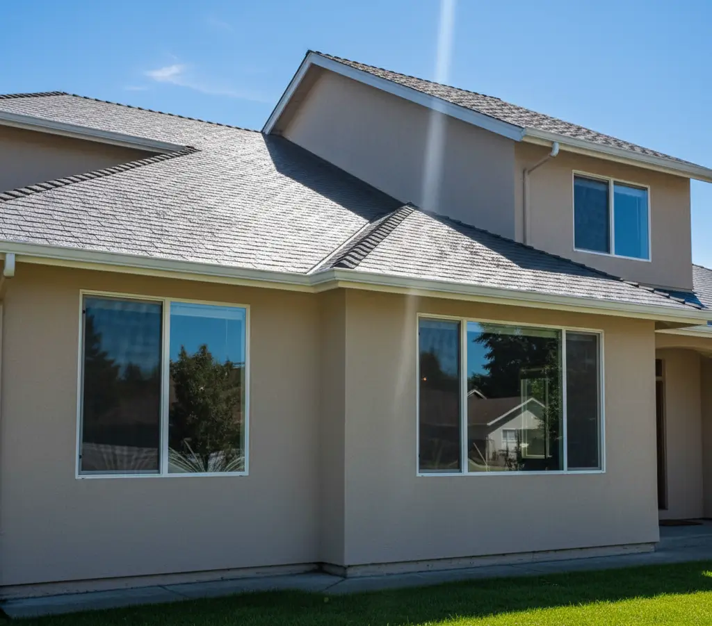 Orangevale Two Story Gutter Cleaning Two-story Orangevale house with pristine roofline, sunlight gleaming on wet metal gutters. Clear reflections on windows.
