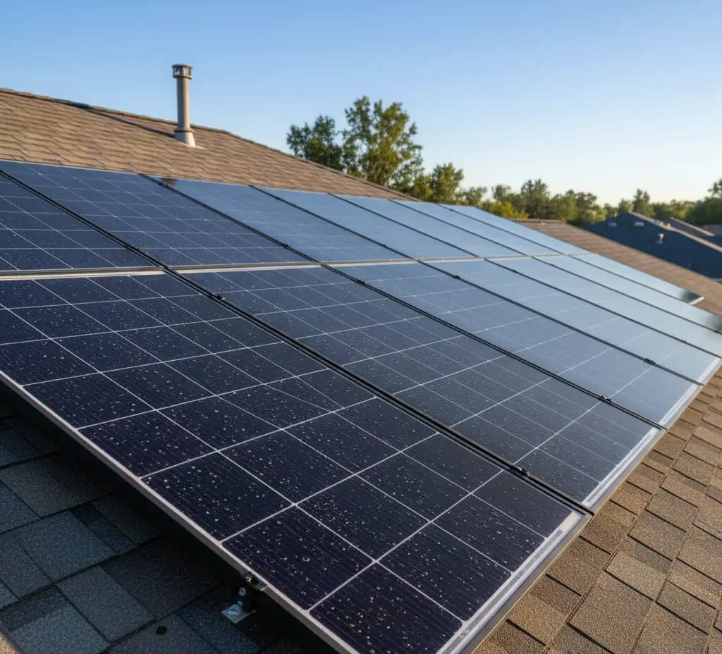 Residential Solar Panel Cleaning in El Dorado Hills – Wash Works LLC Close-up view of professionally cleaned residential solar panels on a rooftop in El Dorado Hills, California under clear blue sky, showing water droplets after solar panel cleaning service