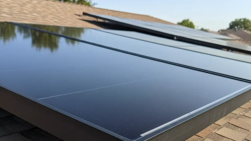 Close-up view of clean rooftop residential solar panels on a shingle roof in Fair Oaks, California, with clear blue sky and tree in background, showcasing professional solar panel cleaning service.