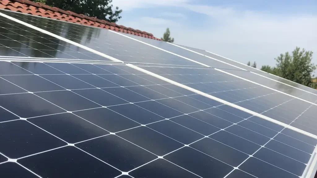 Close-up view of clean residential solar panels on a rooftop in Folsom, California, with clear skies and trees in the background, showcasing solar panel cleaning service.