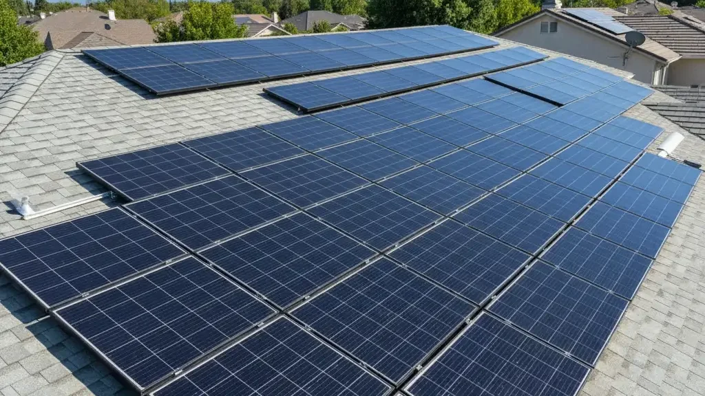 Clean residential solar panels installed on a shingle roof in Roseville, California, surrounded by trees and neighboring homes under a clear blue sky.
