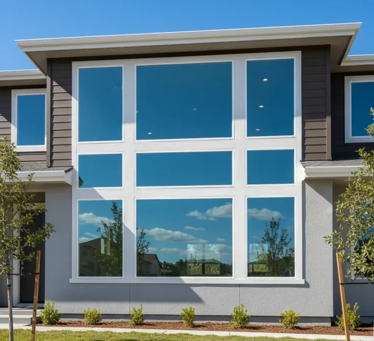 Freshly cleaned residential windows on a modern two-story home in El Dorado Hills, reflecting the blue sky and surrounding neighborhood, showcasing professional window cleaning services by Wash Works LLC.