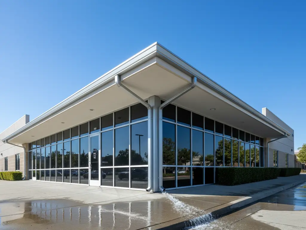 Rocklin Commercial Gutter Cleaning Rocklin business complex with flat roof and metal gutter system rinsed clean. Reflections on wet walkway and clear sky above.