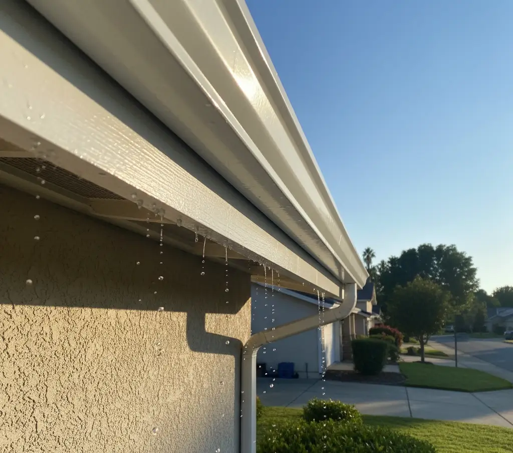 Rocklin home with clean white gutters and fascia shining under bright sun. Water runoff detail visible.