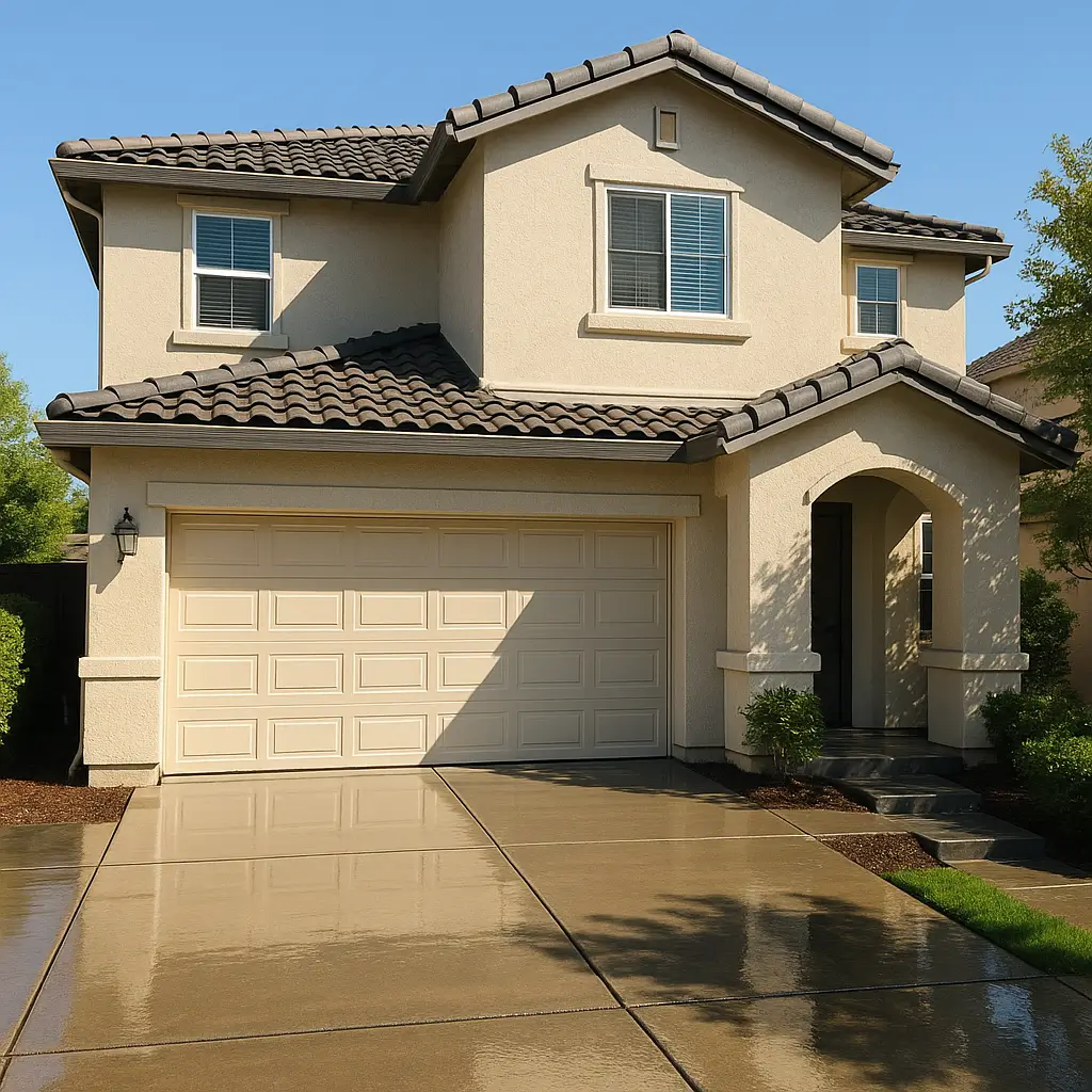 Rocklin residential home with clean stucco and bright trim. Water droplets visible along base, shrubs slightly damp.