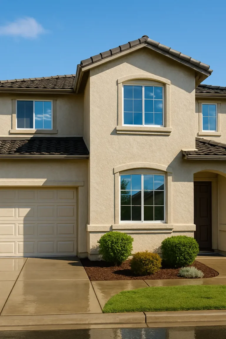 Two-story Rocklin home freshly soft-washed. Reflections of sky on wet windows, bright shadows on siding.
