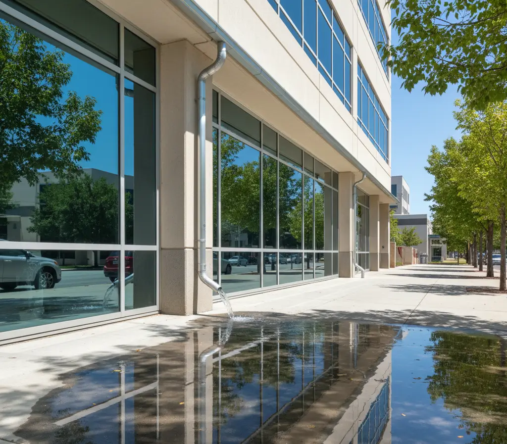 Sacramento Gutter Maintenance | Wash Works Sacramento office building with clean aluminum gutters and smooth water drainage. Reflections on wet sidewalk.