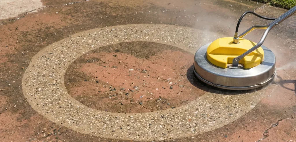 Surface cleaner removing stains from concrete driveway during pressure washing in Folsom