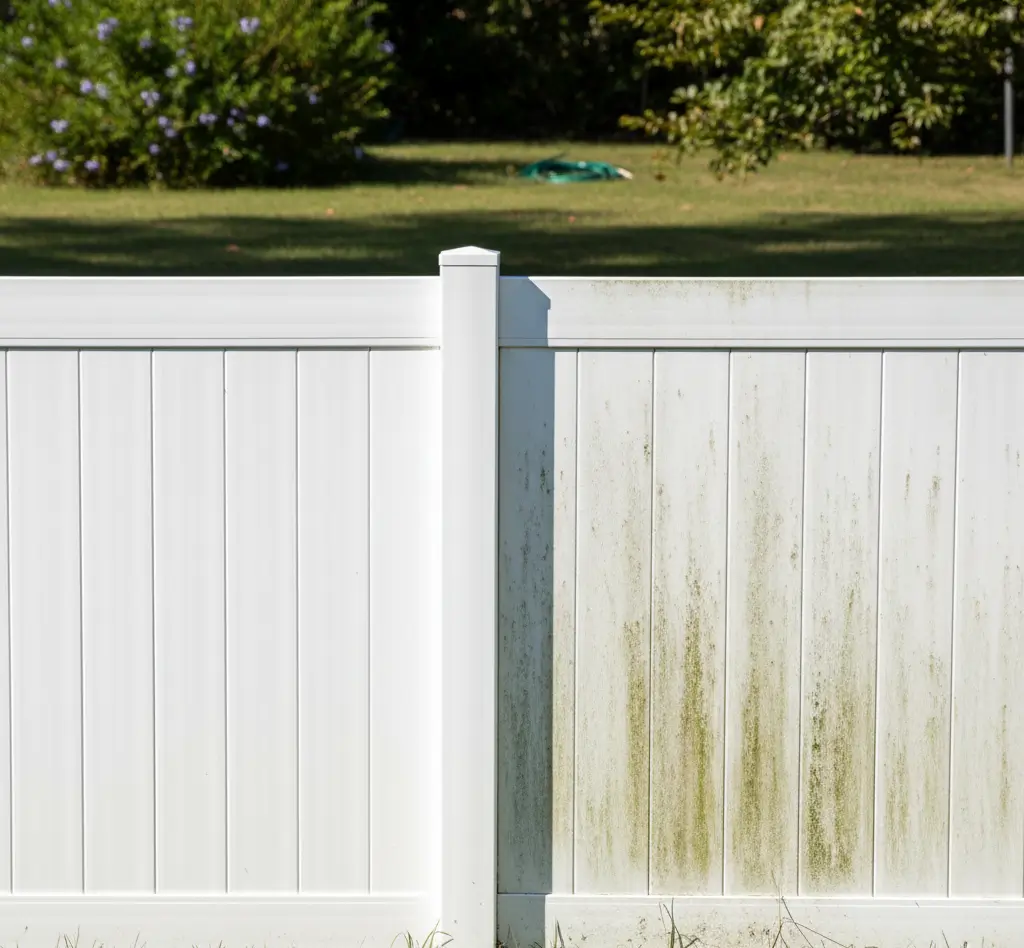Vinyl fence in Orangevale CA showing strong difference between cleaned white panel and dirt-covered section.