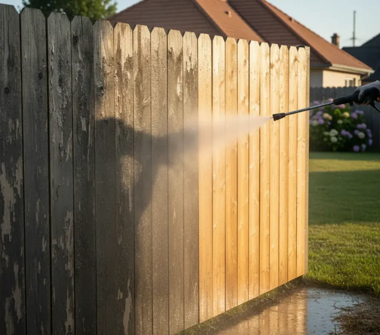 Wooden fence in Folsom CA showing restored bright boards beside gray weathered sections after professional cleaning.