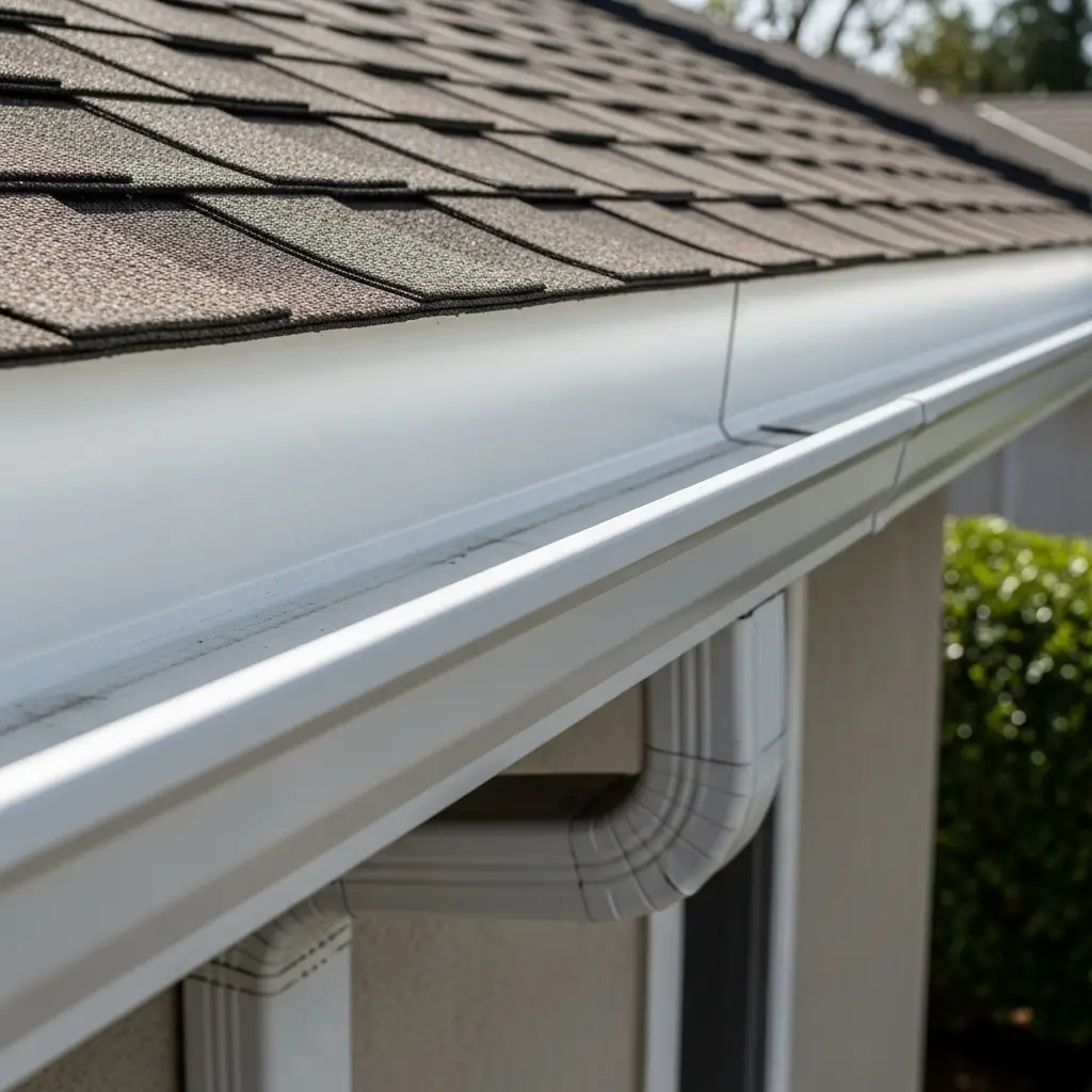 Clean residential gutter system in Folsom showing properly aligned gutters and downspouts after professional gutter cleaning