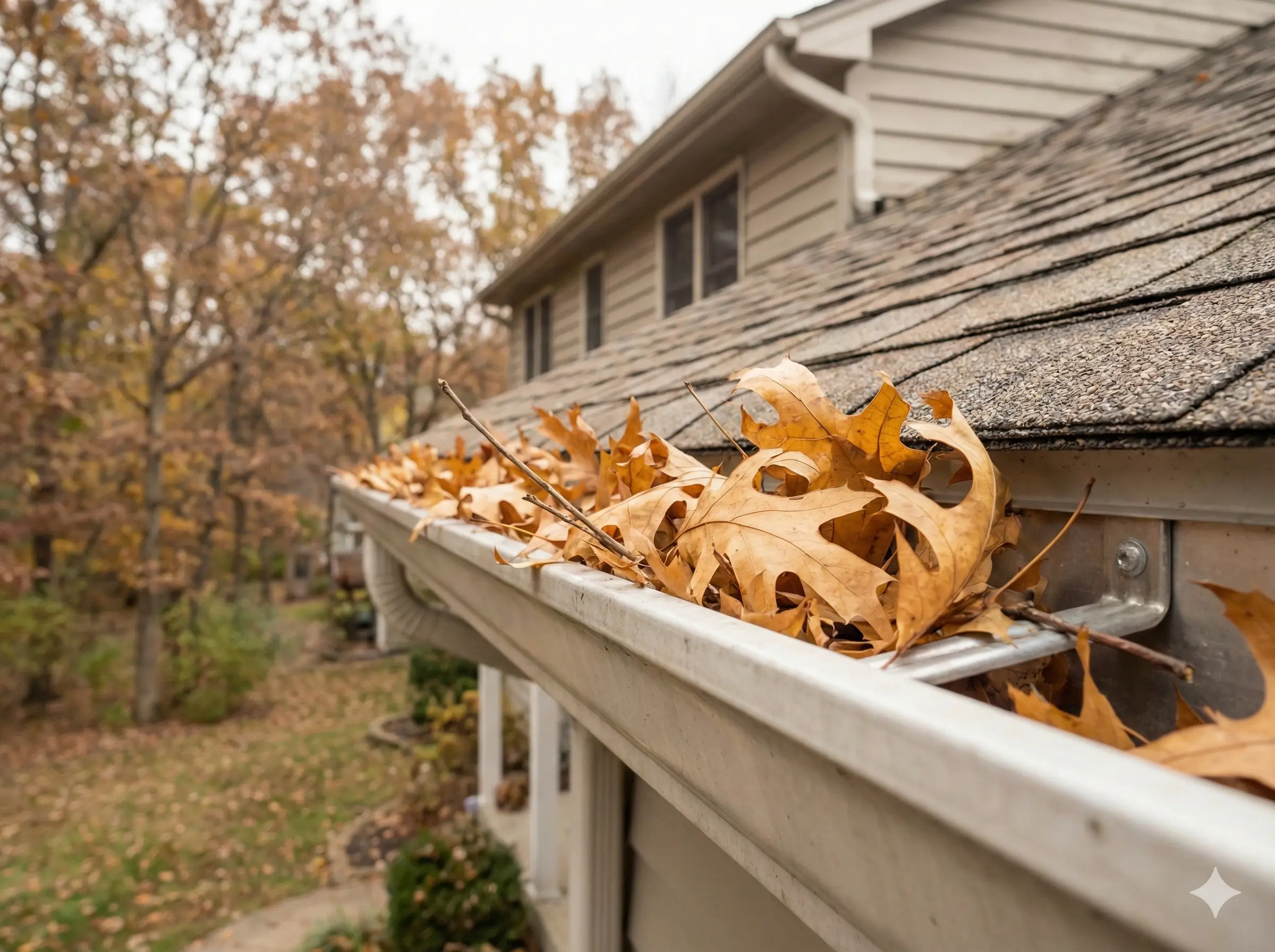 Folsom gutter filled with leaves An image of a gutter that is full of fallen oak leaves in the fall that needs to be cleaned