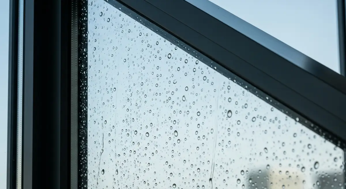 Commercial Window Cleaning and Hard Water Stain Removal in Citrus Heights and Fair Oaks Close-up of a commercial building window with water droplets and streaks, showing need for professional window cleaning and hard water stain removal services in Citrus Heights and Fair Oaks.