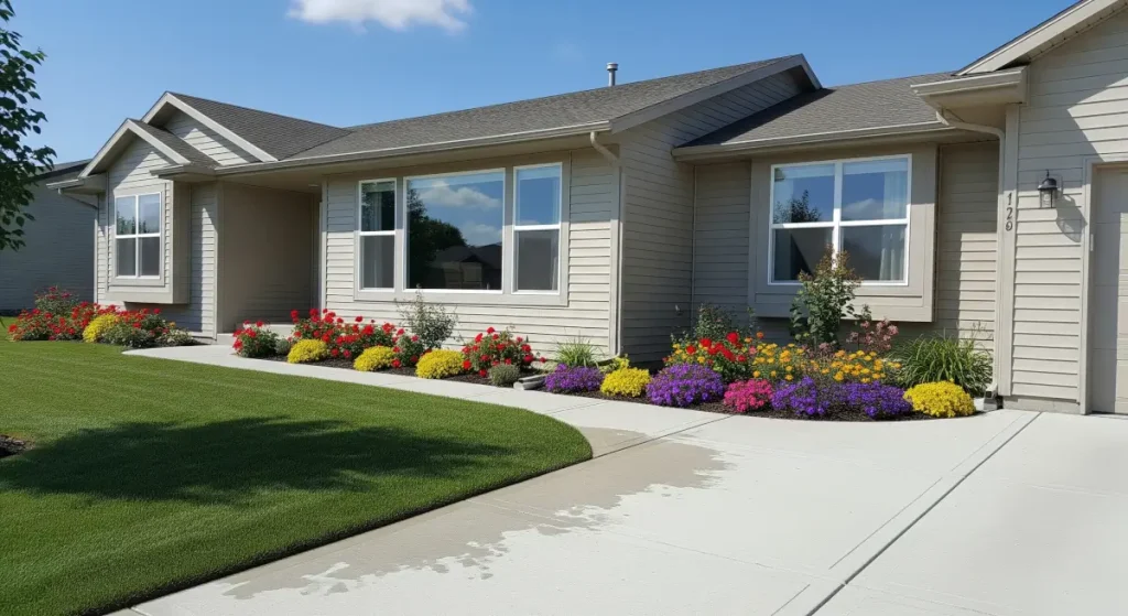 Freshly pressure-washed concrete driveway in front of a clean beige single-story home with colorful flower beds in Rancho Cordova.
