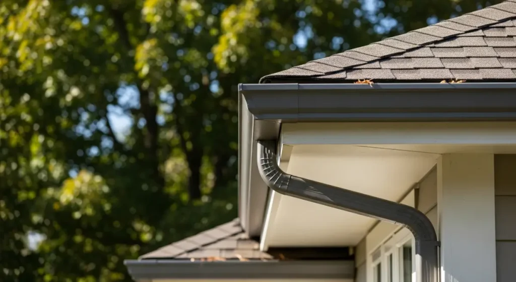Professional Gutter Cleaning in Roseville - Downspout & Debris Removal Close-up view of a clean residential gutter and downspout in Roseville, surrounded by trees, showing removal of leaves and roof debris.
