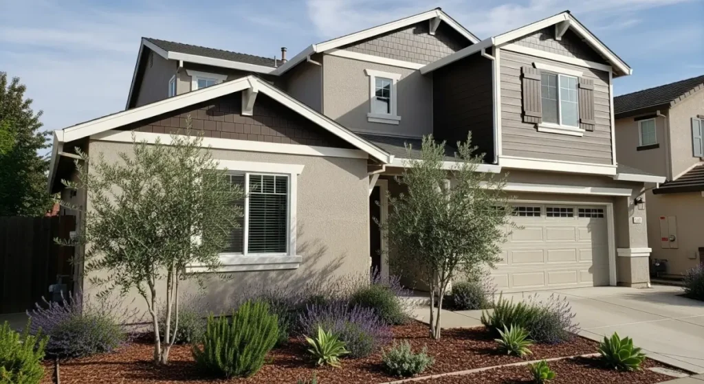 Clean two-story house in Fair Oaks with freshly washed siding, sparkling windows, and a spotless driveway surrounded by well-maintained landscaping.