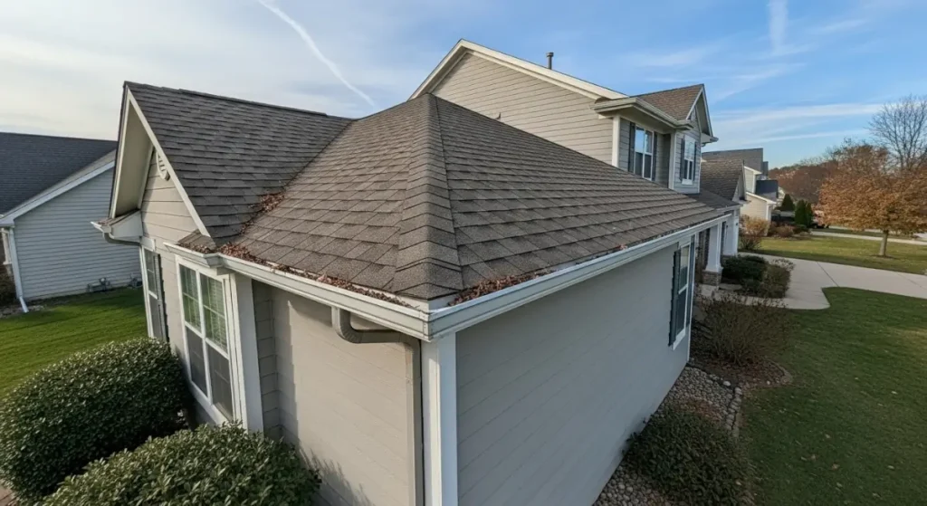 Two-story home in Rancho Cordova with visible leaf buildup in the gutters along the roofline, ideal for residential gutter cleaning and debris removal services.