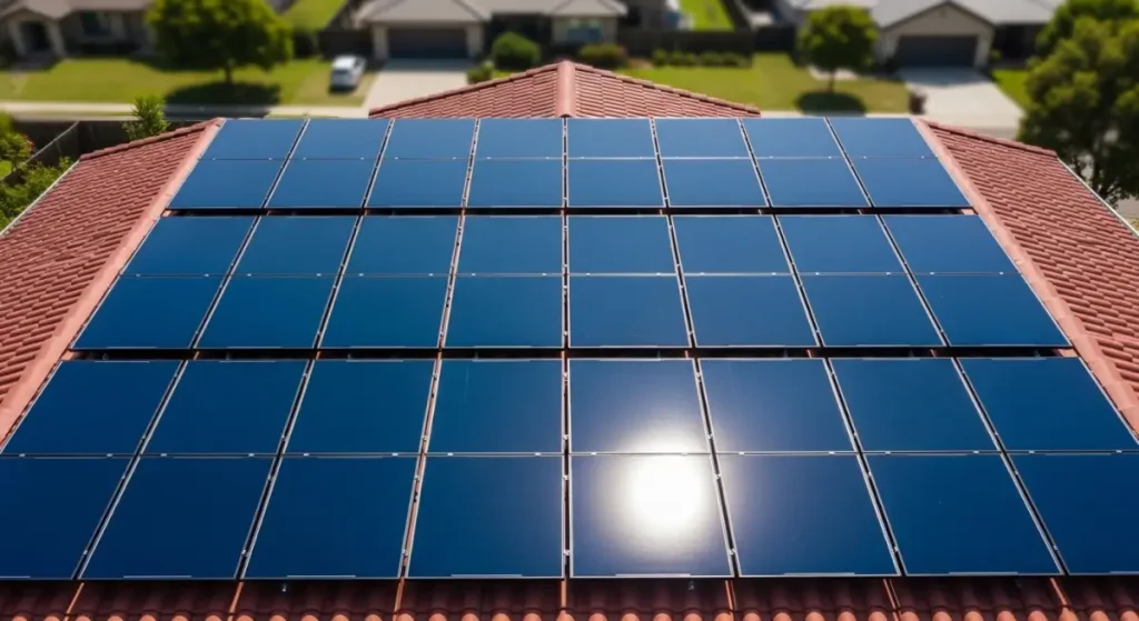 Residential Solar Panel Cleaning in El Dorado Hills – Utility-Scale & Rooftop Services Clean rooftop solar panels on a red tile roof of a home in El Dorado Hills, with clear reflections indicating professional solar panel cleaning service.