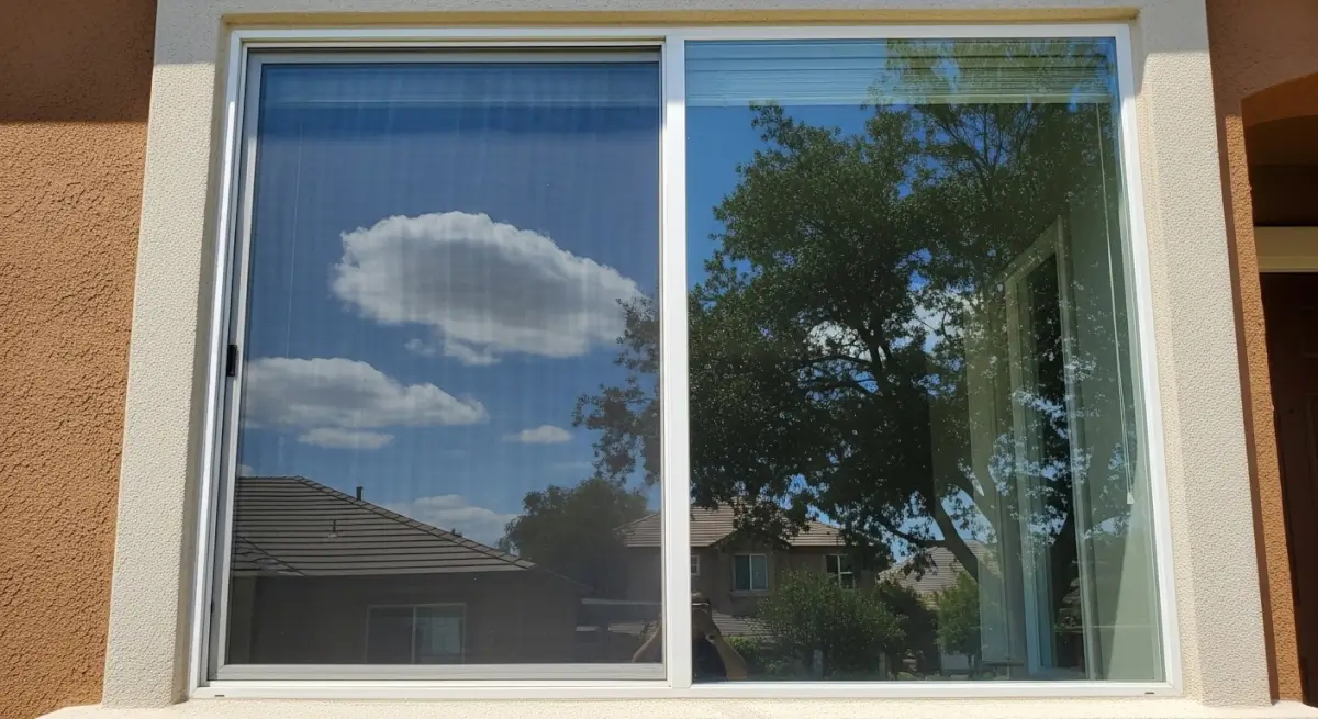 Clean residential window with reflective glass showing a clear sky, rooftops, and trees after professional window cleaning and screen washing service in Carmichael
