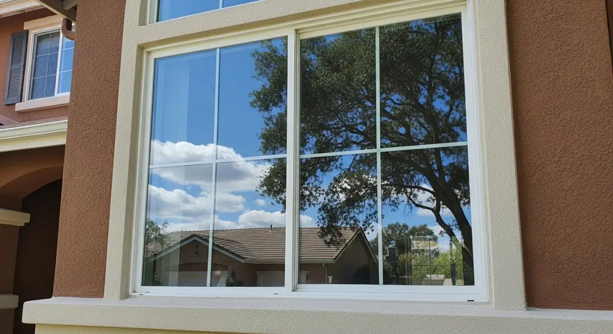 Crystal-clear residential window in Fair Oaks reflecting trees and a blue sky, indicating recent professional window cleaning service on a well-maintained stucco home.