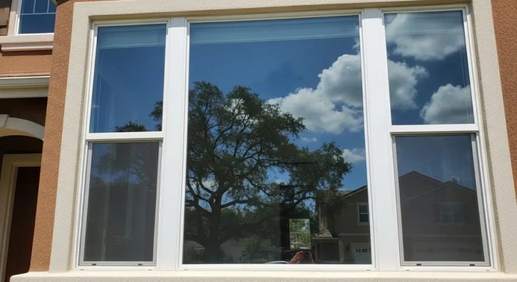 Clean and reflective residential windows on a home in Sacramento, CA, showing clear glass and blue sky with tree reflections, following professional window cleaning services.