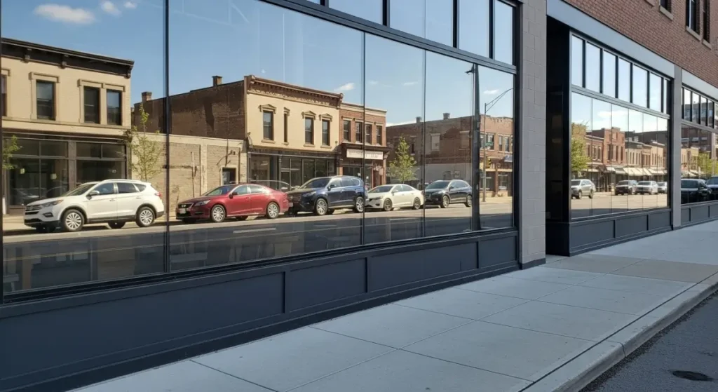 Clean and reflective storefront windows on a commercial building in downtown Orangevale, CA, showing a clear view of cars and historic buildings across the street.